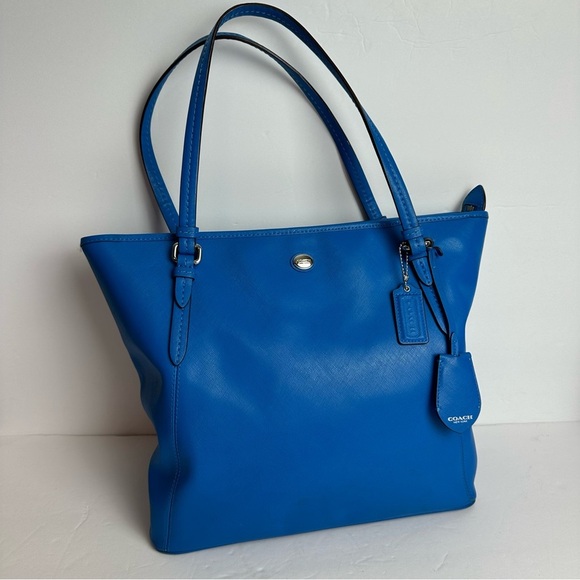 Coach Peyton Zip Top Tote Cerulean Blue Saffiano Leather Shoulder Bag Authentic - Picture 1 of 16